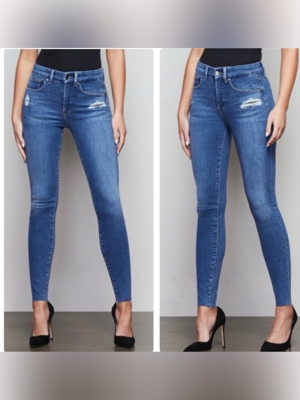 Good American High Rise Distressed Skinny Jeans Raw Hem Blue Size 8
